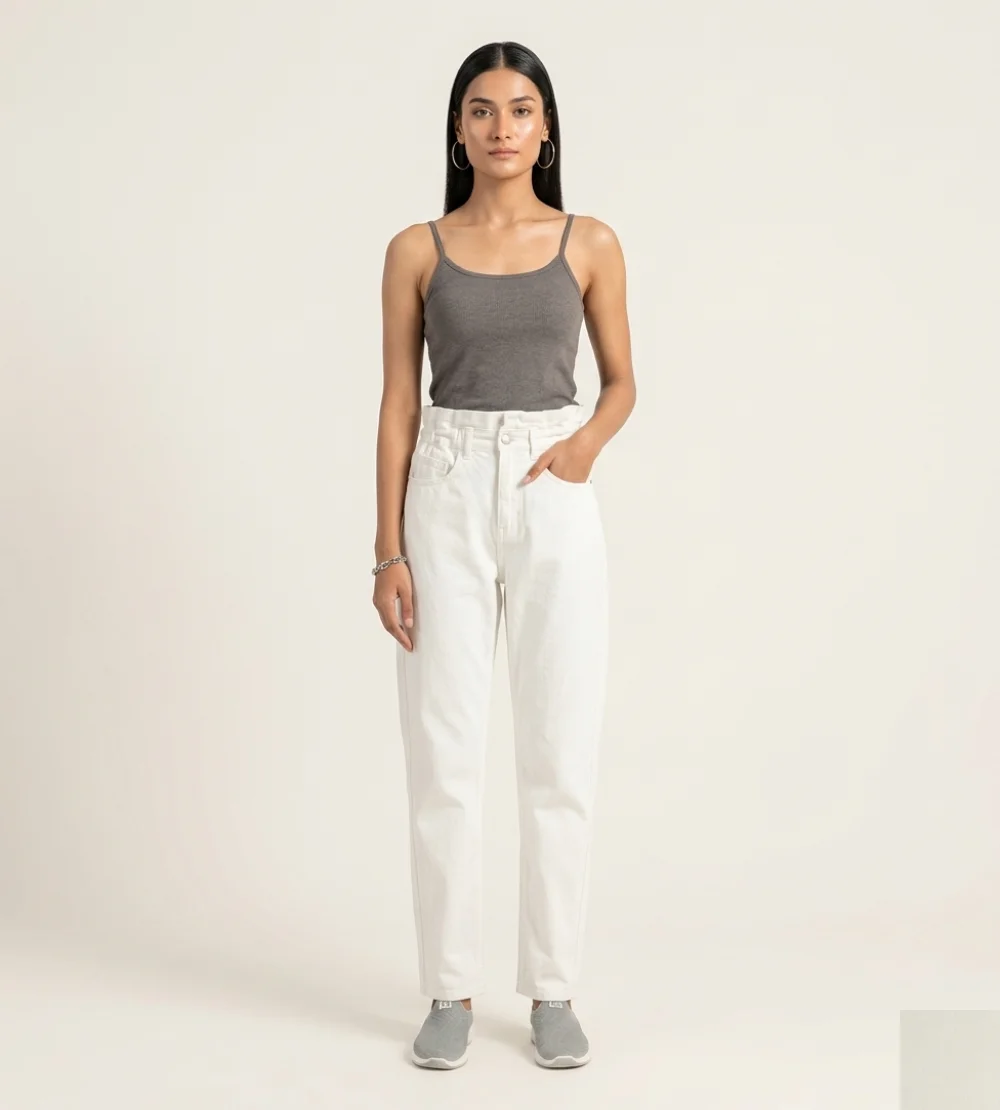 Women's White Paper Bag Jeans – High Waist Belted Paper Bag Waist White Denim Pants | Stylish & Comfortable