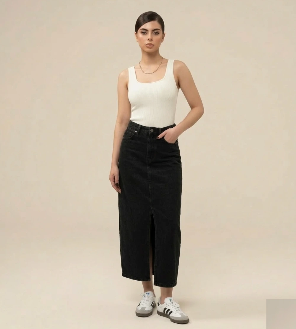 Charcoal Black Denim Midi Skirt for Women – Elegant A-Line Black Midi Skirt | Versatile Midi Skirt