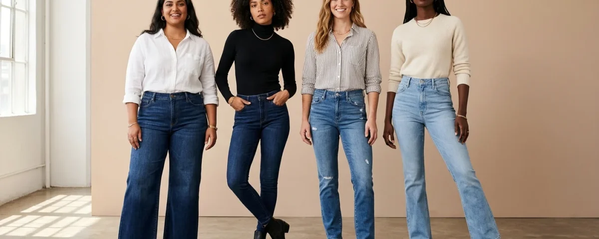 Photorealistic fashion image of 4 diverse women with different body types wearing different jeans styles (wide-leg, skinny, straight, flared). Clean studio background in soft beige Natural lighting, editorial fashion campaign style. Focus on silhouettes, confident poses, inclusive beauty, ultra-realistic.