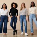 Photorealistic fashion image of 4 diverse women with different body types wearing different jeans styles (wide-leg, skinny, straight, flared). Clean studio background in soft beige Natural lighting, editorial fashion campaign style. Focus on silhouettes, confident poses, inclusive beauty, ultra-realistic.