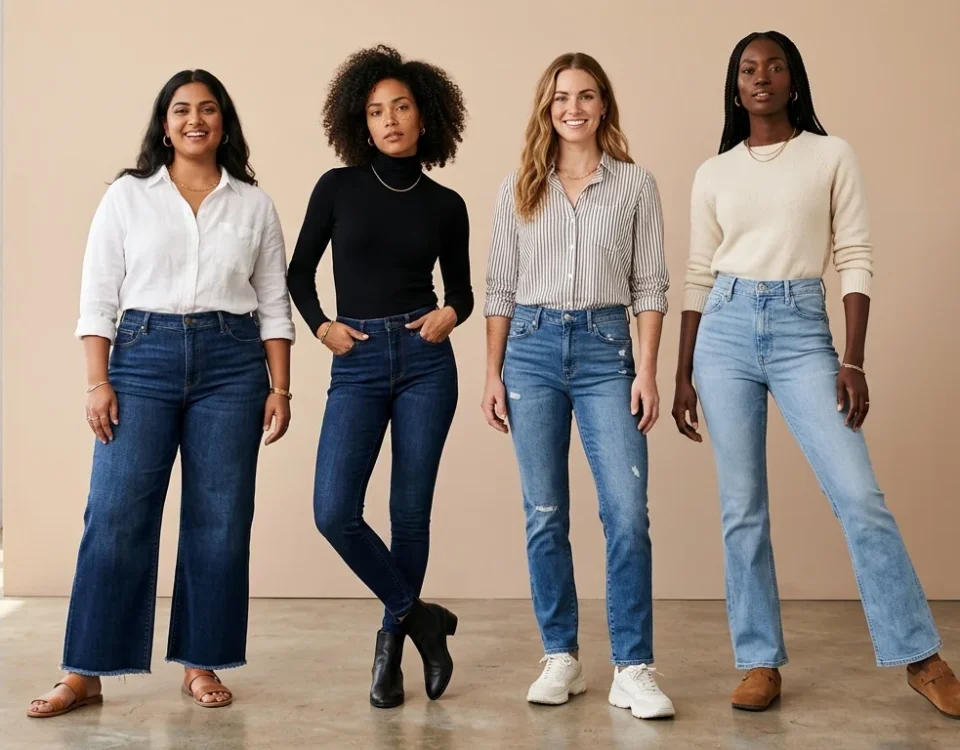 Photorealistic fashion image of 4 diverse women with different body types wearing different jeans styles (wide-leg, skinny, straight, flared). Clean studio background in soft beige Natural lighting, editorial fashion campaign style. Focus on silhouettes, confident poses, inclusive beauty, ultra-realistic.