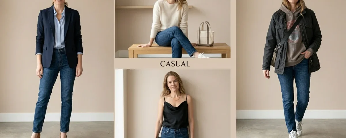 collage-style image showing the same woman styled in multiple outfits using the same jeans (office, casual, date night, streetwear). Clean background. Consistent lighting, editorial fashion campaign feel, ultra-realistic.
