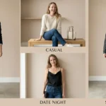 collage-style image showing the same woman styled in multiple outfits using the same jeans (office, casual, date night, streetwear). Clean background. Consistent lighting, editorial fashion campaign feel, ultra-realistic.