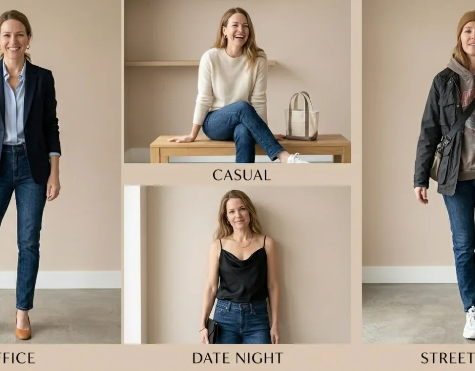 collage-style image showing the same woman styled in multiple outfits using the same jeans (office, casual, date night, streetwear). Clean background. Consistent lighting, editorial fashion campaign feel, ultra-realistic.