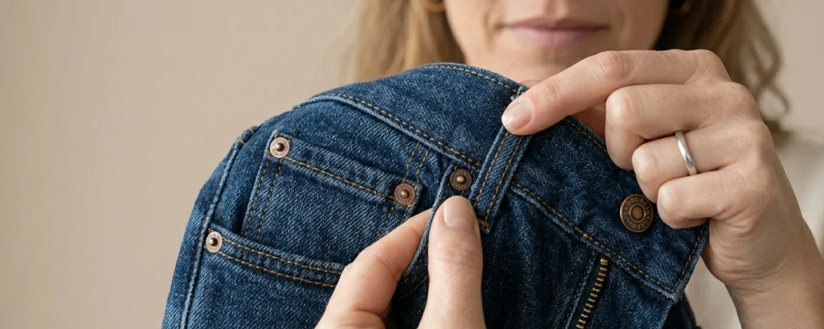 Close-up image of hands inspecting denim — stitching, seams, rivets, fabric texture. Background in soft beige (#D8C1AE). Soft natural lighting. Focus on craftsmanship and detail. Premium product photography style.
