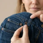 Close-up image of hands inspecting denim — stitching, seams, rivets, fabric texture. Background in soft beige (#D8C1AE). Soft natural lighting. Focus on craftsmanship and detail. Premium product photography style.