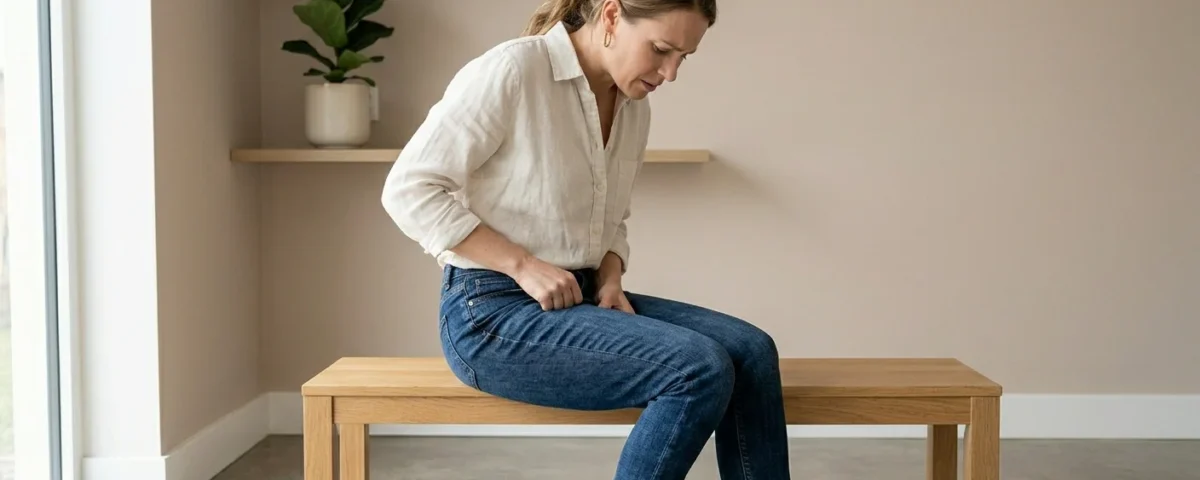 Photorealistic, tasteful image of a woman sitting or walking slightly uncomfortable in jeans, subtly indicating thigh irritation. Background in soft warm beige (#D8C1AE). Soft lighting, clean minimal environment, respectful and realistic tone.
