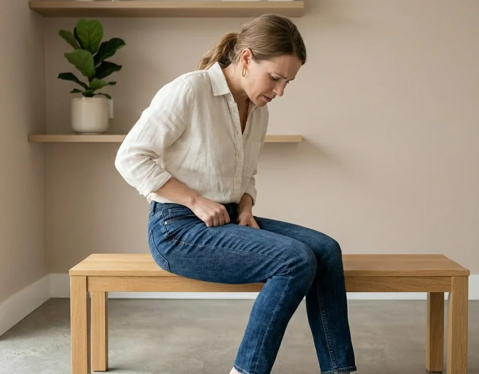 Photorealistic, tasteful image of a woman sitting or walking slightly uncomfortable in jeans, subtly indicating thigh irritation. Background in soft warm beige (#D8C1AE). Soft lighting, clean minimal environment, respectful and realistic tone.