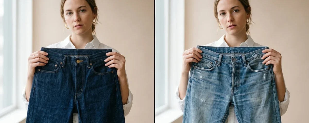 image showing dark indigo jeans vs faded jeans. A woman holding both for comparison. Minimal background in soft beige Focus on color contrast and denim texture. Soft lighting, premium editorial style, realistic details.