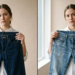 image showing dark indigo jeans vs faded jeans. A woman holding both for comparison. Minimal background in soft beige Focus on color contrast and denim texture. Soft lighting, premium editorial style, realistic details.