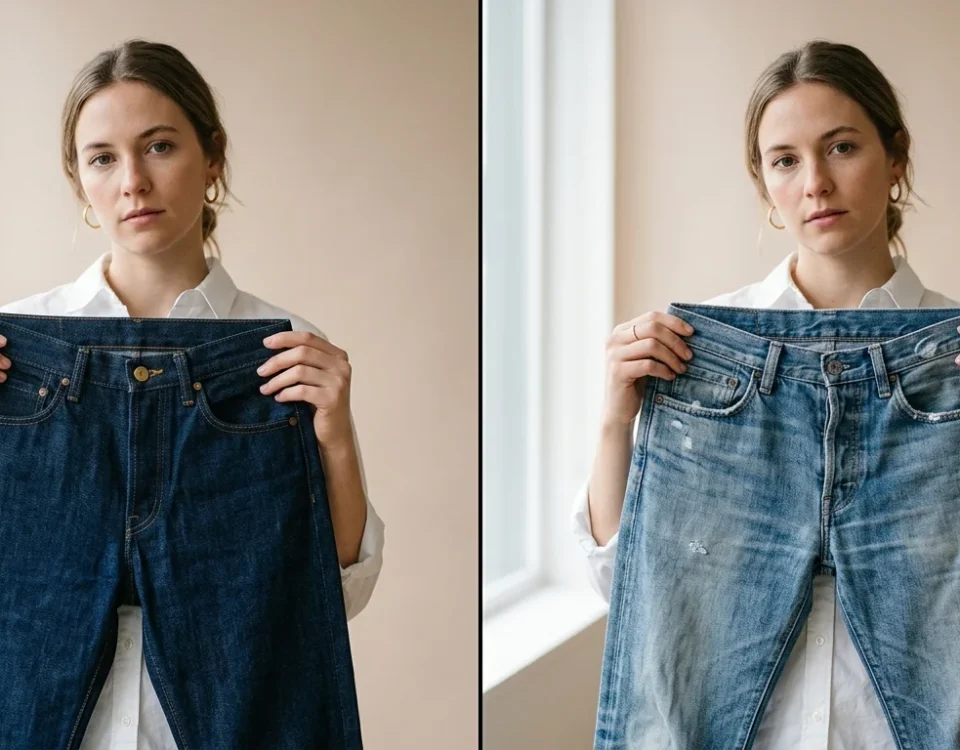 image showing dark indigo jeans vs faded jeans. A woman holding both for comparison. Minimal background in soft beige Focus on color contrast and denim texture. Soft lighting, premium editorial style, realistic details.