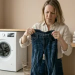 image of a young woman holding a pair of distorted jeans just taken out of a washing machine. The jeans should visibly look twisted at the waistband and slightly misshapen in the legs. The woman has a subtle confused or disappointed expression. Modern laundry setting with a clean, minimal aesthetic. Background in soft warm beige tone (#D8C1AE). Natural soft lighting, realistic shadows, high detail denim texture. Focus on storytelling — before vs after washing effect. Premium fashion editorial style, no AI look, natural skin texture, cinematic depth of field.