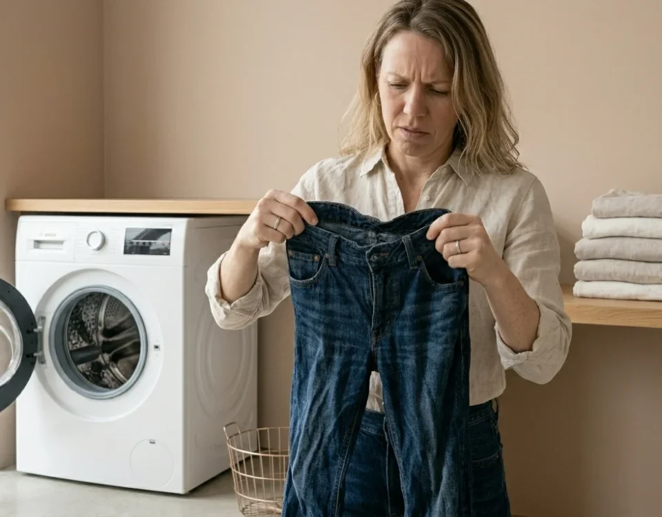 image of a young woman holding a pair of distorted jeans just taken out of a washing machine. The jeans should visibly look twisted at the waistband and slightly misshapen in the legs. The woman has a subtle confused or disappointed expression. Modern laundry setting with a clean, minimal aesthetic. Background in soft warm beige tone (#D8C1AE). Natural soft lighting, realistic shadows, high detail denim texture. Focus on storytelling — before vs after washing effect. Premium fashion editorial style, no AI look, natural skin texture, cinematic depth of field.