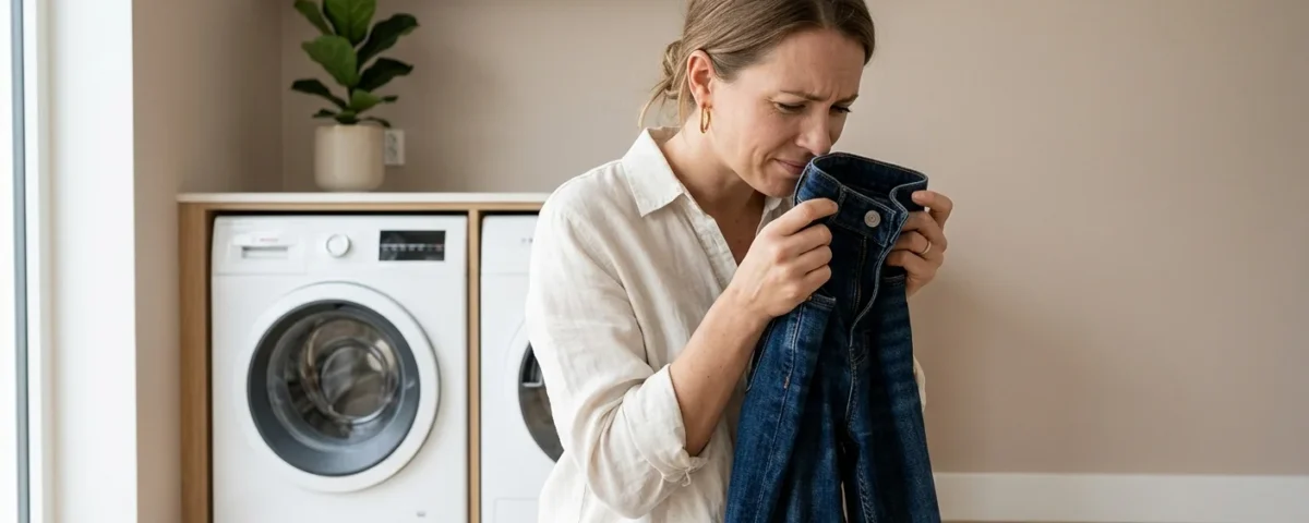 image of a woman smelling her jeans with slight discomfort near a washing machine. Background in soft neutral beige. Natural indoor lighting, minimal setup. Focus on subtle emotion and realism, clean premium aesthetic.