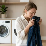 image of a woman smelling her jeans with slight discomfort near a washing machine. Background in soft neutral beige. Natural indoor lighting, minimal setup. Focus on subtle emotion and realism, clean premium aesthetic.
