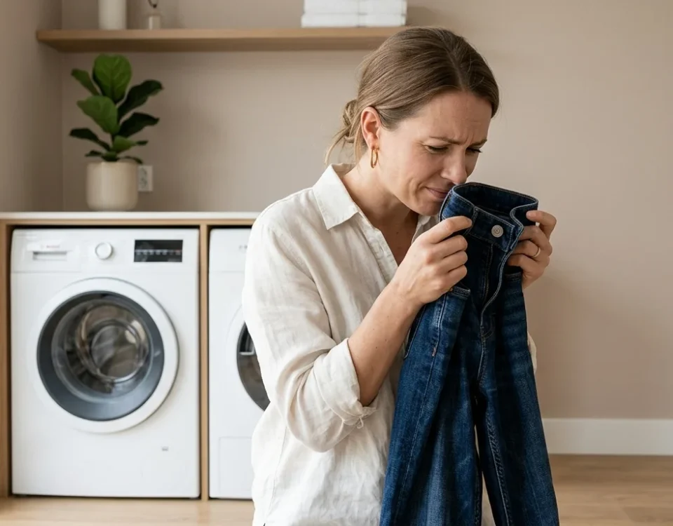 image of a woman smelling her jeans with slight discomfort near a washing machine. Background in soft neutral beige. Natural indoor lighting, minimal setup. Focus on subtle emotion and realism, clean premium aesthetic.