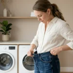 image of a woman adjusting loose jeans at the waist or knees. Casual indoor setting with background tones in . Soft natural lighting. Focus on fabric stretching and realistic movement. Modern styling, minimal aesthetic.
