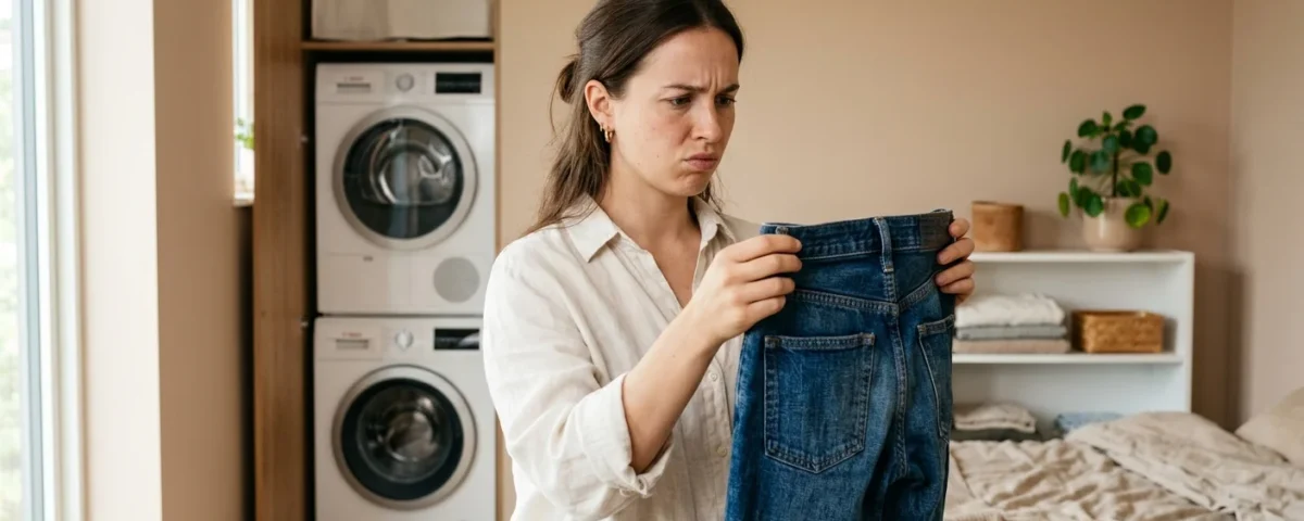 A young woman in a minimalist, sunlit bedroom stands next to a modern washing machine, looking confused while holding a pair of noticeably shrunken dark wash denim jeans. The background features a soft warm beige wall and clean, premium interior aesthetics.