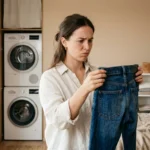 A young woman in a minimalist, sunlit bedroom stands next to a modern washing machine, looking confused while holding a pair of noticeably shrunken dark wash denim jeans. The background features a soft warm beige wall and clean, premium interior aesthetics.