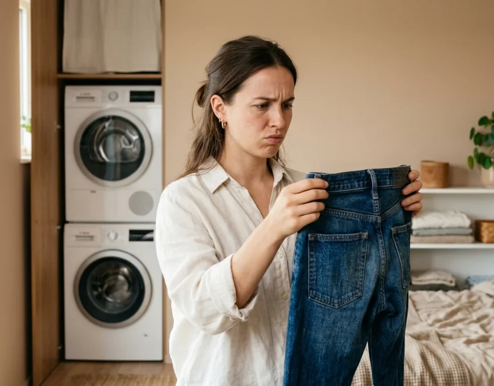 A young woman in a minimalist, sunlit bedroom stands next to a modern washing machine, looking confused while holding a pair of noticeably shrunken dark wash denim jeans. The background features a soft warm beige wall and clean, premium interior aesthetics.