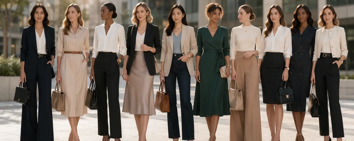 10 different professional women standing together in a modern city office environment. Each woman must represent one of these distinct workwear outfits Tailored trouser suit (neutral tones, wide-leg pants) Shirt dress (belted, elegant, minimal) Tailored trousers with silk blouse Blazer with midi skirt (co-ord or mix) Smart blazer with dark jeans Wrap dress (solid color, flattering fit) Wide-leg trousers with fitted knit top Pencil skirt with structured blouse Longline coat dress Cropped jacket with high-waisted trousers