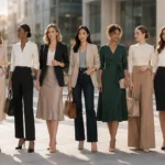 10 different professional women standing together in a modern city office environment. Each woman must represent one of these distinct workwear outfits Tailored trouser suit (neutral tones, wide-leg pants) Shirt dress (belted, elegant, minimal) Tailored trousers with silk blouse Blazer with midi skirt (co-ord or mix) Smart blazer with dark jeans Wrap dress (solid color, flattering fit) Wide-leg trousers with fitted knit top Pencil skirt with structured blouse Longline coat dress Cropped jacket with high-waisted trousers