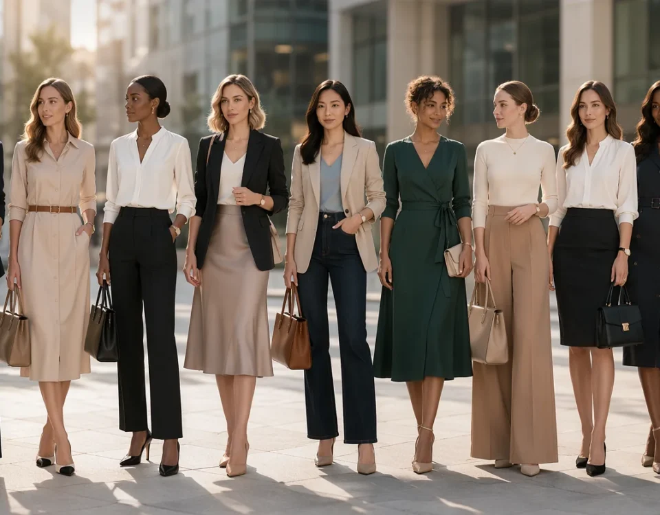 10 different professional women standing together in a modern city office environment. Each woman must represent one of these distinct workwear outfits Tailored trouser suit (neutral tones, wide-leg pants) Shirt dress (belted, elegant, minimal) Tailored trousers with silk blouse Blazer with midi skirt (co-ord or mix) Smart blazer with dark jeans Wrap dress (solid color, flattering fit) Wide-leg trousers with fitted knit top Pencil skirt with structured blouse Longline coat dress Cropped jacket with high-waisted trousers