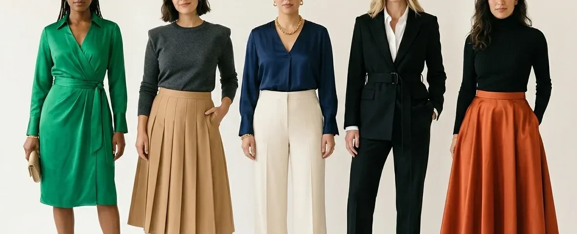 nclude 5 women each wearing outfits suited to different body shapes: hourglass woman wearing a wrap dress with defined waist pear shape woman wearing A-line skirt with structured shoulder top apple shape woman wearing V-neck top with wide-leg trousers rectangle shape woman wearing belted blazer with straight trousers inverted triangle woman wearing fitted top with full midi skirt