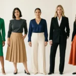 nclude 5 women each wearing outfits suited to different body shapes: hourglass woman wearing a wrap dress with defined waist pear shape woman wearing A-line skirt with structured shoulder top apple shape woman wearing V-neck top with wide-leg trousers rectangle shape woman wearing belted blazer with straight trousers inverted triangle woman wearing fitted top with full midi skirt
