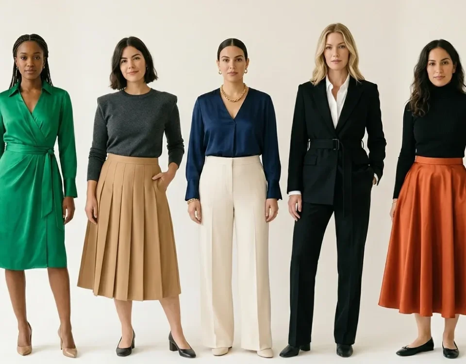 nclude 5 women each wearing outfits suited to different body shapes: hourglass woman wearing a wrap dress with defined waist pear shape woman wearing A-line skirt with structured shoulder top apple shape woman wearing V-neck top with wide-leg trousers rectangle shape woman wearing belted blazer with straight trousers inverted triangle woman wearing fitted top with full midi skirt
