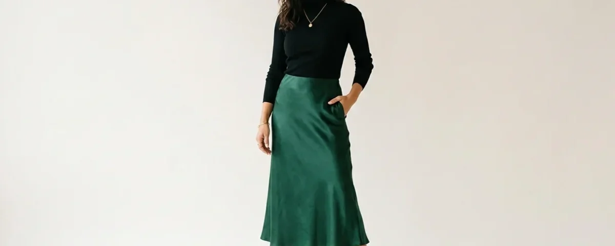 image of a confident modern woman wearing a flowing satin midi skirt with a tucked-in fitted turtleneck top and elegant ankle boots, minimalist fashion aesthetic, soft natural lighting, neutral clean background