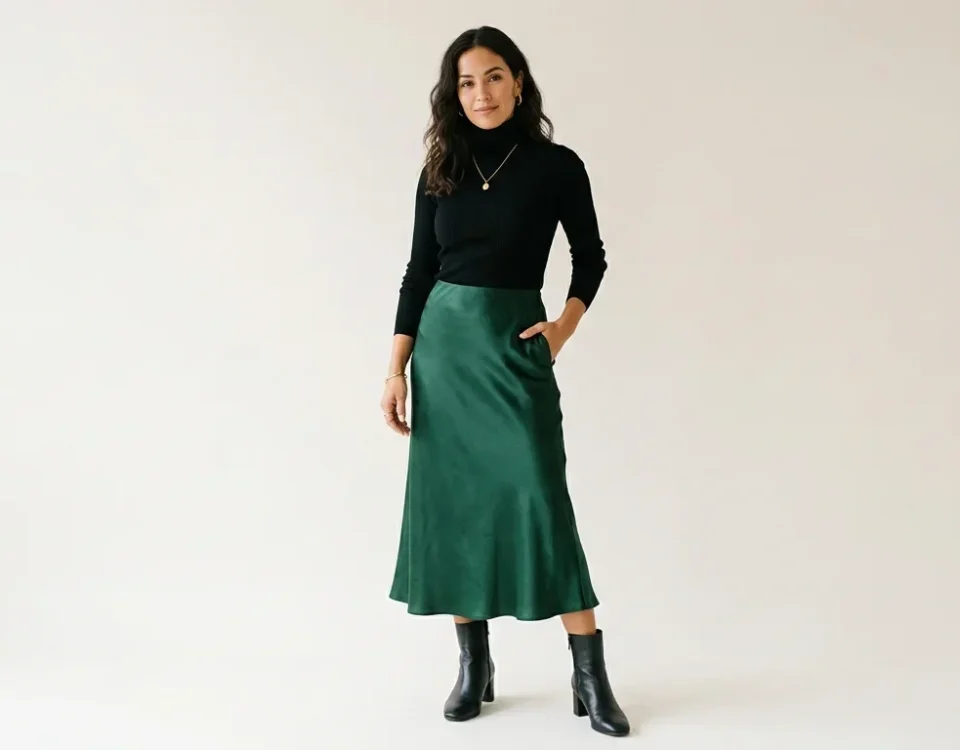 image of a confident modern woman wearing a flowing satin midi skirt with a tucked-in fitted turtleneck top and elegant ankle boots, minimalist fashion aesthetic, soft natural lighting, neutral clean background