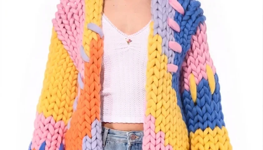 woman wearing colorful chunky knit cardigan and blue jeans minimalist fashion style