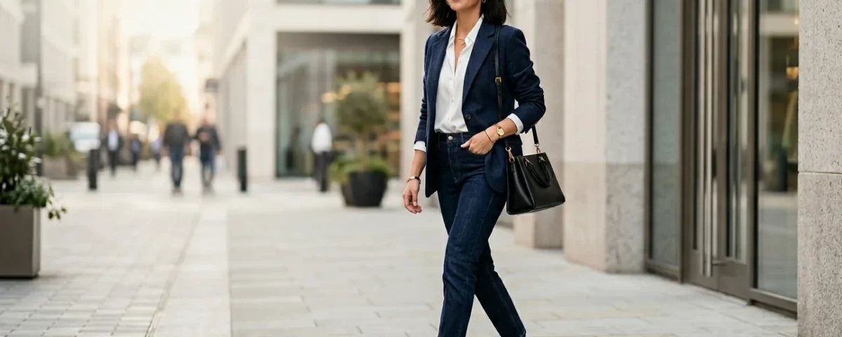 A confident modern woman walking in a stylish city street wearing a perfectly tailored blazer outfit, fashionable and elegant. She is styled in a chic smart-casual look — blazer over a white shirt with dark jeans and heels. The scene feels editorial and magazine-quality, natural lighting, soft shadows, neutral aesthetic, minimal background with modern architecture. Outfit textures clearly visible (fabric blazer, denim, accessories). Fashion blog hero image style, ultra-sharp details, high resolution, professional fashion photography, 16:9 composition, clean space for blog title text, sophisticated feminine style, 2026 fashion trends.