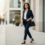 A confident modern woman walking in a stylish city street wearing a perfectly tailored blazer outfit, fashionable and elegant. She is styled in a chic smart-casual look — blazer over a white shirt with dark jeans and heels. The scene feels editorial and magazine-quality, natural lighting, soft shadows, neutral aesthetic, minimal background with modern architecture. Outfit textures clearly visible (fabric blazer, denim, accessories). Fashion blog hero image style, ultra-sharp details, high resolution, professional fashion photography, 16:9 composition, clean space for blog title text, sophisticated feminine style, 2026 fashion trends.
