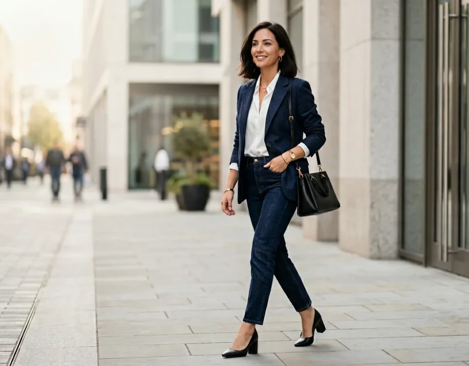 A confident modern woman walking in a stylish city street wearing a perfectly tailored blazer outfit, fashionable and elegant. She is styled in a chic smart-casual look — blazer over a white shirt with dark jeans and heels. The scene feels editorial and magazine-quality, natural lighting, soft shadows, neutral aesthetic, minimal background with modern architecture. Outfit textures clearly visible (fabric blazer, denim, accessories). Fashion blog hero image style, ultra-sharp details, high resolution, professional fashion photography, 16:9 composition, clean space for blog title text, sophisticated feminine style, 2026 fashion trends.