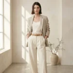 Photorealistic fashion photography of a confident modern woman wearing a chic year-round outfit — relaxed blazer, fitted top, and wide-leg trousers — minimalist neutral background (#F5F2ED), soft natural lighting, editorial fashion style, elegant pose, clean composition, luxury fashion magazine aesthetic, 1000×1110 px, focus on timeless women’s fashion and confident styling.