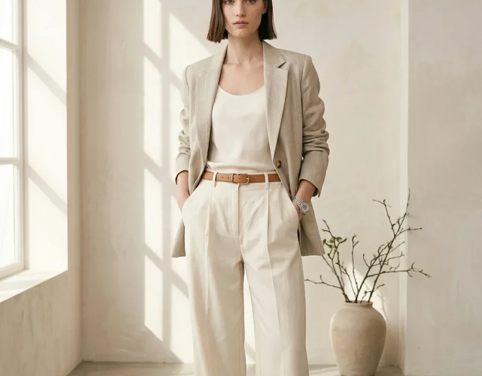 Photorealistic fashion photography of a confident modern woman wearing a chic year-round outfit — relaxed blazer, fitted top, and wide-leg trousers — minimalist neutral background (#F5F2ED), soft natural lighting, editorial fashion style, elegant pose, clean composition, luxury fashion magazine aesthetic, 1000×1110 px, focus on timeless women’s fashion and confident styling.