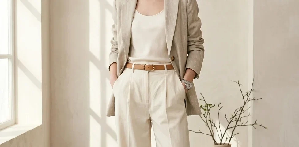 Photorealistic fashion photography of a confident modern woman wearing a chic year-round outfit — relaxed blazer, fitted top, and wide-leg trousers — minimalist neutral background (#F5F2ED), soft natural lighting, editorial fashion style, elegant pose, clean composition, luxury fashion magazine aesthetic, 1000×1110 px, focus on timeless women’s fashion and confident styling.