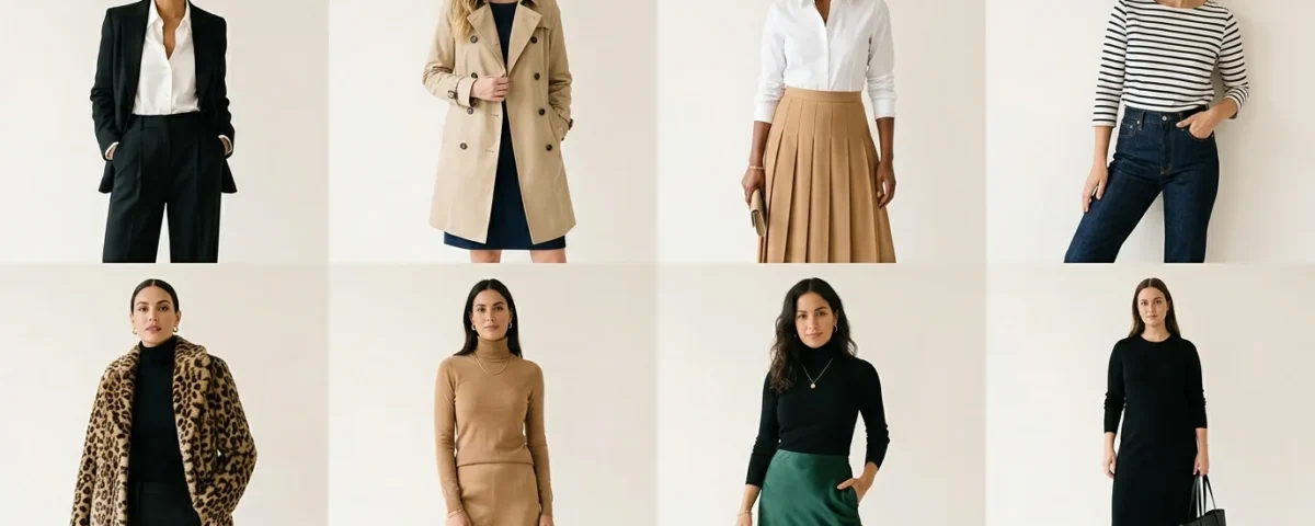 one woman wearing a tailored blazer with wide-leg trousers one wearing a classic beige trench coat one wearing a white shirt with a midi skirt one wearing a striped Breton top with dark jeans one wearing a leopard animal print coat or skirt one wearing a monochrome outfit (all black or all camel) one wearing a satin or pleated midi skirt outfit one wearing ballet flats or loafers with a minimalist outfit