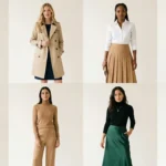 one woman wearing a tailored blazer with wide-leg trousers one wearing a classic beige trench coat one wearing a white shirt with a midi skirt one wearing a striped Breton top with dark jeans one wearing a leopard animal print coat or skirt one wearing a monochrome outfit (all black or all camel) one wearing a satin or pleated midi skirt outfit one wearing ballet flats or loafers with a minimalist outfit