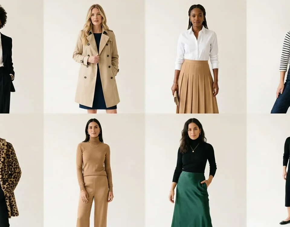 one woman wearing a tailored blazer with wide-leg trousers one wearing a classic beige trench coat one wearing a white shirt with a midi skirt one wearing a striped Breton top with dark jeans one wearing a leopard animal print coat or skirt one wearing a monochrome outfit (all black or all camel) one wearing a satin or pleated midi skirt outfit one wearing ballet flats or loafers with a minimalist outfit