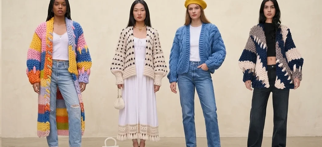 a group of diverse women (4 models) styled in different types of cardigans as described in the article, minimalist studio setting with soft neutral background (#F5F2ED), warm natural lighting, luxury magazine aesthetic, highly detailed knit textures, clean composition. Each woman represents a different cardigan style: one wearing a chunky knit cardigan over a simple white tee and straight-leg jeans (winter cozy look) one wearing a long cardigan layered over a midi dress with ankle boots (elegant flowy silhouette) one wearing a crochet cardigan over a summer dress (light airy summer styling) one wearing a cropped cardigan styled as a top with high-waisted trousers (modern chic look) one wearing a classic button-up fitted cardigan with tailored trousers (smart office style)