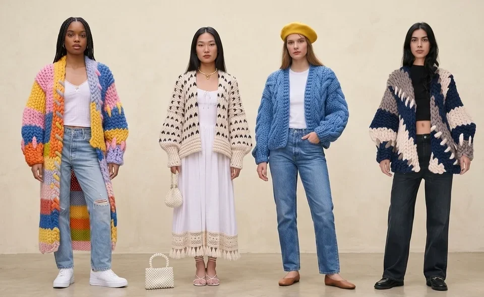 a group of diverse women (4 models) styled in different types of cardigans as described in the article, minimalist studio setting with soft neutral background (#F5F2ED), warm natural lighting, luxury magazine aesthetic, highly detailed knit textures, clean composition. Each woman represents a different cardigan style: one wearing a chunky knit cardigan over a simple white tee and straight-leg jeans (winter cozy look) one wearing a long cardigan layered over a midi dress with ankle boots (elegant flowy silhouette) one wearing a crochet cardigan over a summer dress (light airy summer styling) one wearing a cropped cardigan styled as a top with high-waisted trousers (modern chic look) one wearing a classic button-up fitted cardigan with tailored trousers (smart office style)