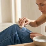image of a woman cleaning a small stain on her blue jeans using a cloth and mild detergent. Focus on the denim fabric and hands working carefully. Soft natural lighting,