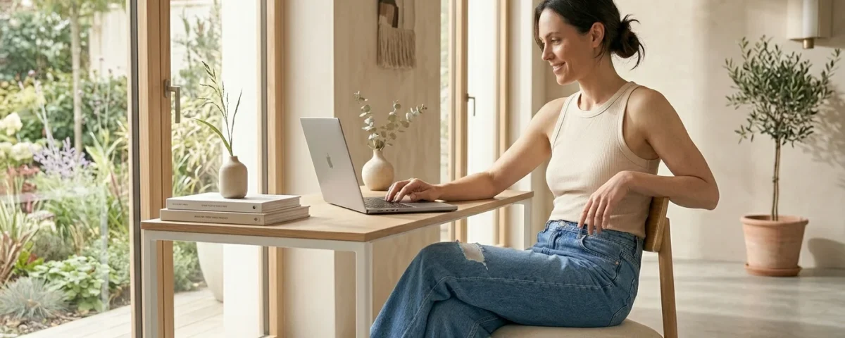 image of a woman sitting comfortably at a desk working on a laptop while wearing relaxed denim jeans. The jeans look flexible and comfortable. Modern workspace, natural window light