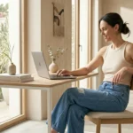 image of a woman sitting comfortably at a desk working on a laptop while wearing relaxed denim jeans. The jeans look flexible and comfortable. Modern workspace, natural window light