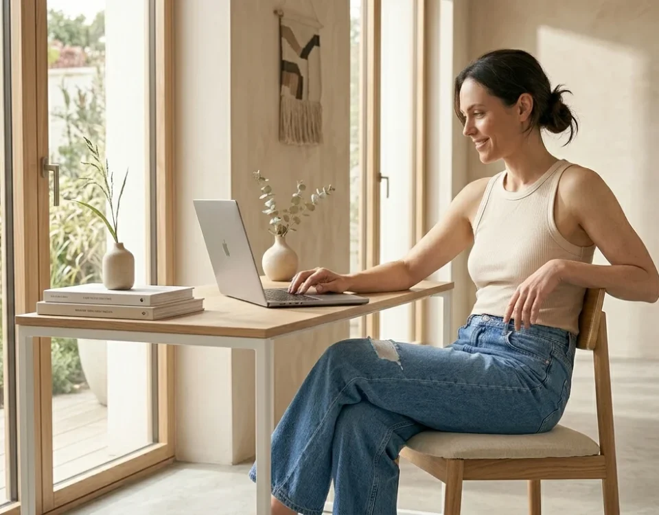 image of a woman sitting comfortably at a desk working on a laptop while wearing relaxed denim jeans. The jeans look flexible and comfortable. Modern workspace, natural window light