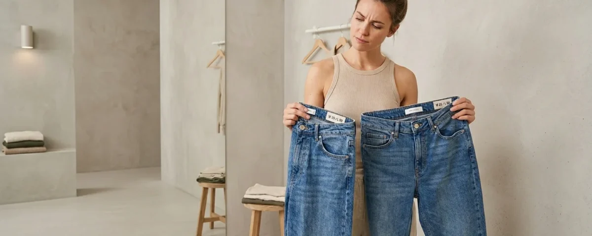 Photorealistic fashion image of a woman in a dressing room holding two different pairs of jeans with different size tags, looking slightly confused but thoughtful. A mirror behind her showing the jeans on her waist. Neutral fashion studio lighting, modern minimal dressing room, realistic denim textures. Background theme #F5F2ED