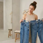 Photorealistic fashion image of a woman in a dressing room holding two different pairs of jeans with different size tags, looking slightly confused but thoughtful. A mirror behind her showing the jeans on her waist. Neutral fashion studio lighting, modern minimal dressing room, realistic denim textures. Background theme #F5F2ED